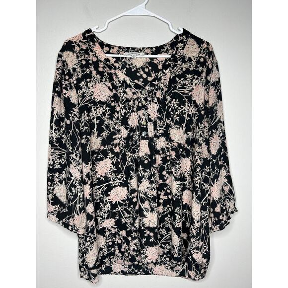 Rose + Olive Size 2X Black Floral 3/4 Sleeve Peasant Top Tunic Lightweight Flowy - Picture 1 of 11